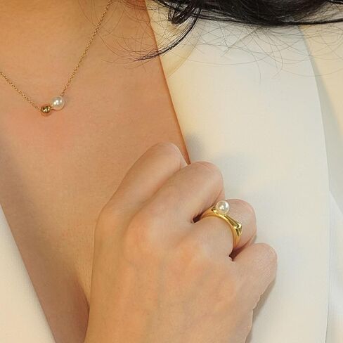 QueenBee 14K Gold and Silver Plated Pearl Ring – Adjustable Open Band, Minimalist Statement Ring, Modern Asymmetric Design, Elegant High-Polish Unique Pearl Jewelry, Trendy Gift for Her, Jewelry Gift for Birthdays, Mother's Day, Holidays in Kuwait