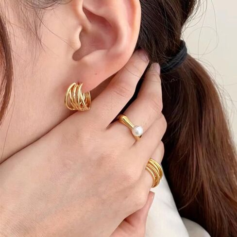 QueenBee 14K Gold and Silver Plated Pearl Ring – Adjustable Open Band, Minimalist Statement Ring, Modern Asymmetric Design, Elegant High-Polish Unique Pearl Jewelry, Trendy Gift for Her, Jewelry Gift for Birthdays, Mother's Day, Holidays in Kuwait