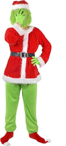 Green Monster Costume Christmas Adult, Halloween Outfit for Woman Men, Green Costume Santa Claus Cosplay 7PCS in Saudi Arabia