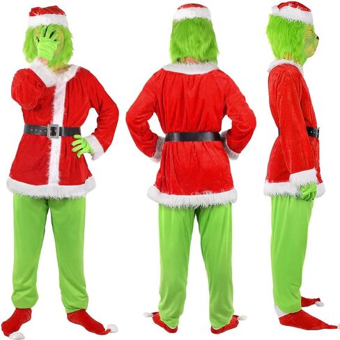 Green Monster Costume Christmas Adult, Halloween Outfit for Woman Men, Green Costume Santa Claus Cosplay 7PCS in Saudi Arabia