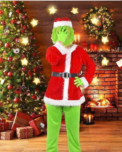 Green Monster Costume Christmas Adult, Halloween Outfit for Woman Men, Green Costume Santa Claus Cosplay 7PCS in Saudi Arabia