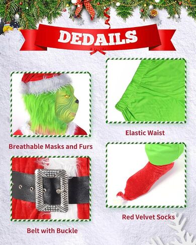 Green Monster Costume Christmas Adult, Halloween Outfit for Woman Men, Green Costume Santa Claus Cosplay 7PCS in Saudi Arabia