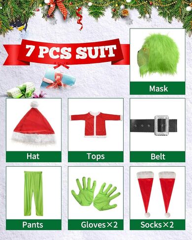 Green Monster Costume Christmas Adult, Halloween Outfit for Woman Men, Green Costume Santa Claus Cosplay 7PCS in Saudi Arabia