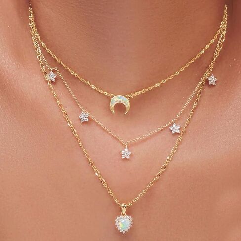 Layered Gold Necklaces for Women, 14K Gold Plated Stackable Stack Choker Necklaces Trendy Layering Star/Moon Pendant Chain Necklace Set Jewelry for Mother in Saudi Arabia