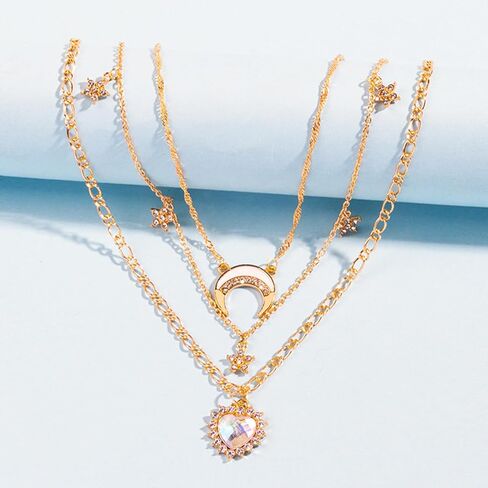 Layered Gold Necklaces for Women, 14K Gold Plated Stackable Stack Choker Necklaces Trendy Layering Star/Moon Pendant Chain Necklace Set Jewelry for Mother in Saudi Arabia