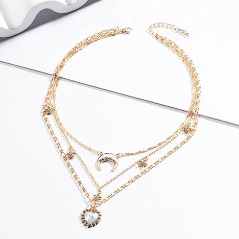 Layered Gold Necklaces for Women, 14K Gold Plated Stackable Stack Choker Necklaces Trendy Layering Star/Moon Pendant Chain Necklace Set Jewelry for Mother in Saudi Arabia