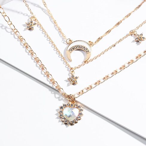 Layered Gold Necklaces for Women, 14K Gold Plated Stackable Stack Choker Necklaces Trendy Layering Star/Moon Pendant Chain Necklace Set Jewelry for Mother in Saudi Arabia