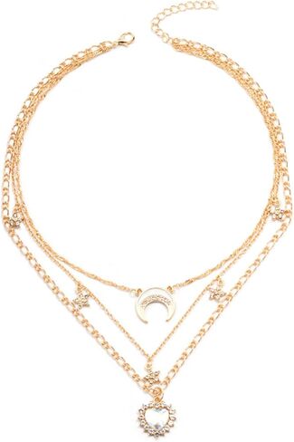 Layered Gold Necklaces for Women, 14K Gold Plated Stackable Stack Choker Necklaces Trendy Layering Star/Moon Pendant Chain Necklace Set Jewelry for Mother in Saudi Arabia