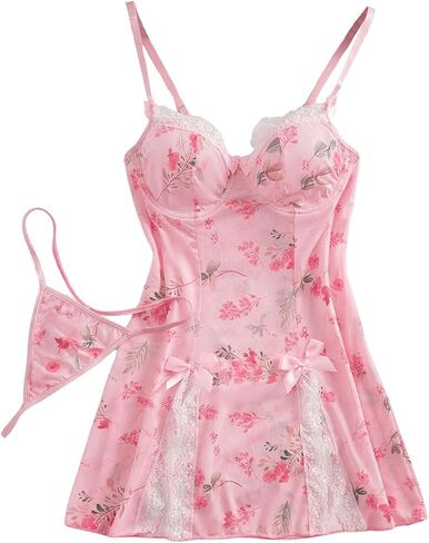 Floerns Women's Floral Bow Nightgown Dress Lace Trim Sleepwear Lingerie Dresses with Thong in Saudi Arabia