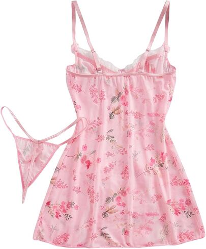 Floerns Women's Floral Bow Nightgown Dress Lace Trim Sleepwear Lingerie Dresses with Thong in Saudi Arabia