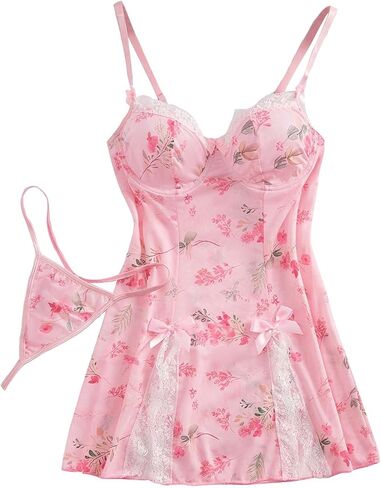 Floerns Women's Floral Bow Nightgown Dress Lace Trim Sleepwear Lingerie Dresses with Thong in Saudi Arabia