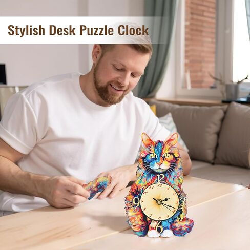 3D Puzzle for Adults - Wooden Cat Clock for Room Decoration, DIY Build Mechanical Wall Clock with Roman Numerals, Personalized Gift for DIY Lovers in Kuwait