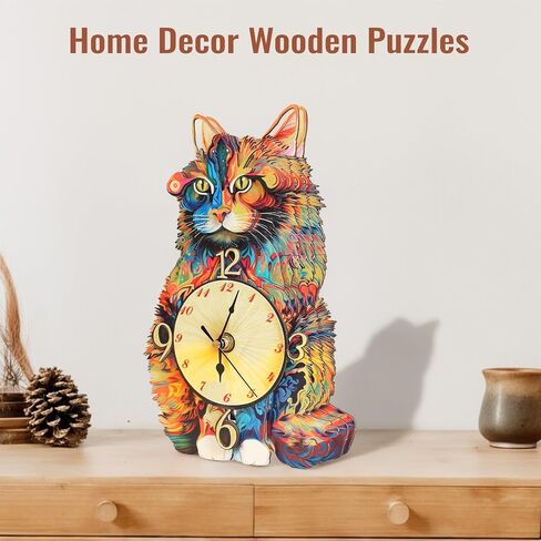 3D Puzzle for Adults - Wooden Cat Clock for Room Decoration, DIY Build Mechanical Wall Clock with Roman Numerals, Personalized Gift for DIY Lovers in Kuwait