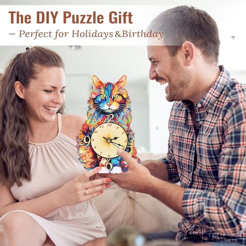 3D Puzzle for Adults - Wooden Cat Clock for Room Decoration, DIY Build Mechanical Wall Clock with Roman Numerals, Personalized Gift for DIY Lovers in Kuwait
