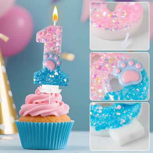 Pink Blue Cat and Dog Paw Number Candles, Pet Themed Candles, Cupcake Decorations, Suitable for Party Celebrations, Boys and Girls Birthday Decorations（7） in Kuwait