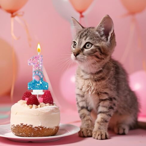 Pink Blue Cat and Dog Paw Number Candles, Pet Themed Candles, Cupcake Decorations, Suitable for Party Celebrations, Boys and Girls Birthday Decorations（7） in Kuwait
