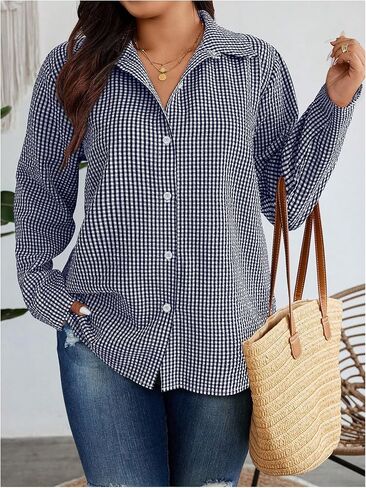 SweatyRocks Women's Plus Size Button Down Shirt Long Sleeve Gingham Plaid Work Collared Blouse Top in Saudi Arabia