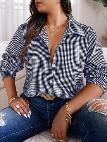 SweatyRocks Women's Plus Size Button Down Shirt Long Sleeve Gingham Plaid Work Collared Blouse Top in Saudi Arabia