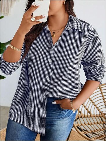 SweatyRocks Women's Plus Size Button Down Shirt Long Sleeve Gingham Plaid Work Collared Blouse Top in Saudi Arabia