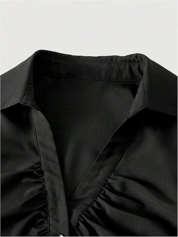 MakeMeChic Women's Bell Sleeve Button Down Shirt V Neck Ruched Collared Work Blouse Tops in Saudi Arabia