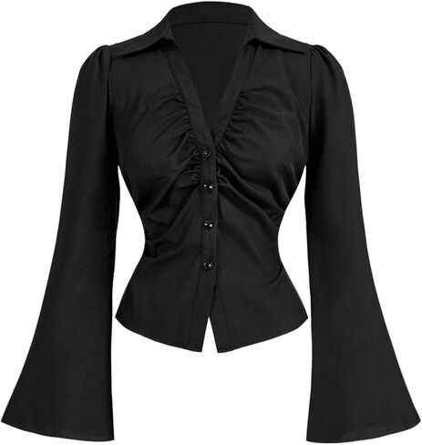 MakeMeChic Women's Bell Sleeve Button Down Shirt V Neck Ruched Collared Work Blouse Tops in Saudi Arabia