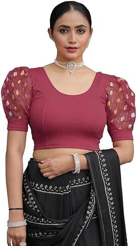 بلوزة ساري نسائية برقبة دائرية من الليكرا قابلة للتمدد وأكمام منتفخة وأكمام على شكل مرفق in Kuwait