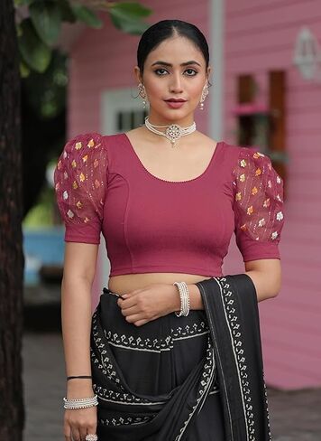 بلوزة ساري نسائية برقبة دائرية من الليكرا قابلة للتمدد وأكمام منتفخة وأكمام على شكل مرفق in Kuwait