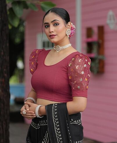 بلوزة ساري نسائية برقبة دائرية من الليكرا قابلة للتمدد وأكمام منتفخة وأكمام على شكل مرفق in Kuwait