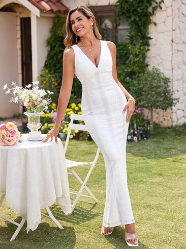 Parthea Summer Wedding Guest Dresses for Women V Neck Backless Elegant Sleeveless Floral Lace Bodycon Maxi Dress in Saudi Arabia