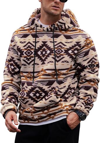 Mens Tribal Aztec Hoodie Sherpa Fluff Allover Print Sweatshirt Long Sleeve Thermal Vintage Graphic Shirt (S-XXL) in Saudi Arabia