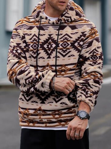 Mens Tribal Aztec Hoodie Sherpa Fluff Allover Print Sweatshirt Long Sleeve Thermal Vintage Graphic Shirt (S-XXL) in Saudi Arabia
