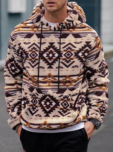 Mens Tribal Aztec Hoodie Sherpa Fluff Allover Print Sweatshirt Long Sleeve Thermal Vintage Graphic Shirt (S-XXL) in Saudi Arabia