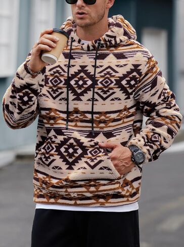 Mens Tribal Aztec Hoodie Sherpa Fluff Allover Print Sweatshirt Long Sleeve Thermal Vintage Graphic Shirt (S-XXL) in Saudi Arabia