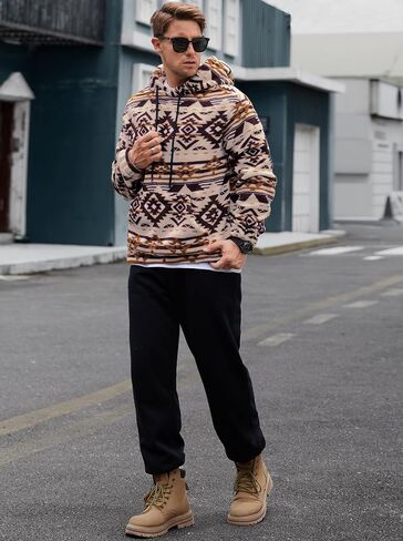 Mens Tribal Aztec Hoodie Sherpa Fluff Allover Print Sweatshirt Long Sleeve Thermal Vintage Graphic Shirt (S-XXL) in Saudi Arabia