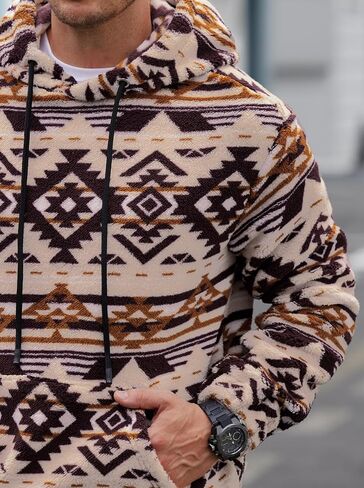 Mens Tribal Aztec Hoodie Sherpa Fluff Allover Print Sweatshirt Long Sleeve Thermal Vintage Graphic Shirt (S-XXL) in Saudi Arabia