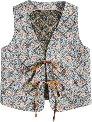 Women's Boho Floral Print Bow Tie Vintage Vest V Neck Sleeveless Jacket Outerwear in Saudi Arabia