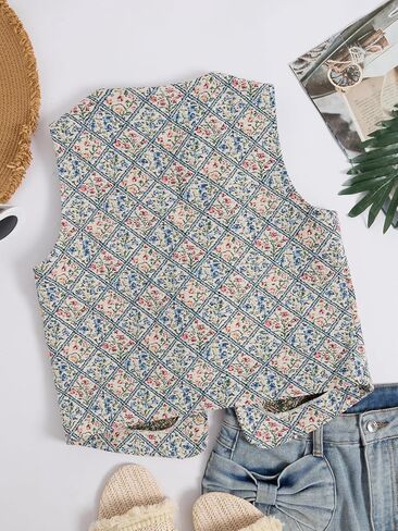 Women's Boho Floral Print Bow Tie Vintage Vest V Neck Sleeveless Jacket Outerwear in Saudi Arabia