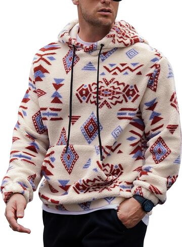 Mens Tribal Aztec Hoodie Sherpa Fluff Allover Print Sweatshirt Long Sleeve Thermal Vintage Graphic Shirt (S-XXL) in Saudi Arabia