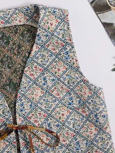 Women's Boho Floral Print Bow Tie Vintage Vest V Neck Sleeveless Jacket Outerwear in Saudi Arabia
