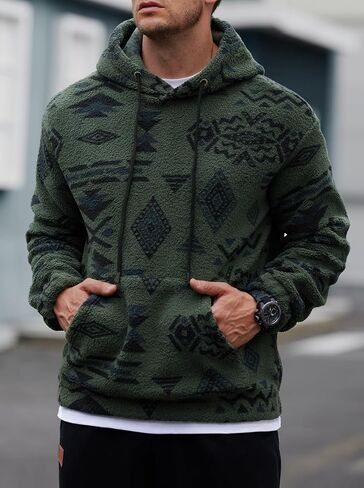 Mens Tribal Aztec Hoodie Sherpa Fluff Allover Print Sweatshirt Long Sleeve Thermal Vintage Graphic Shirt (S-XXL) in Kuwait