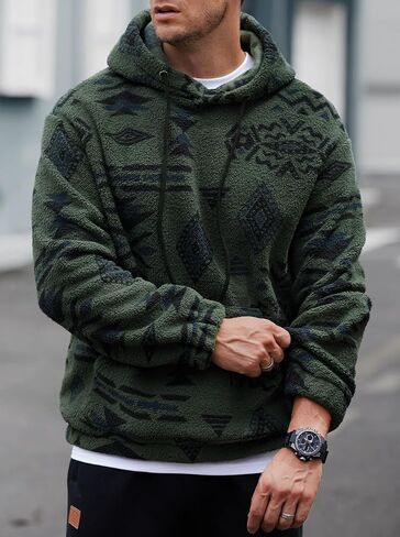 Mens Tribal Aztec Hoodie Sherpa Fluff Allover Print Sweatshirt Long Sleeve Thermal Vintage Graphic Shirt (S-XXL) in Kuwait