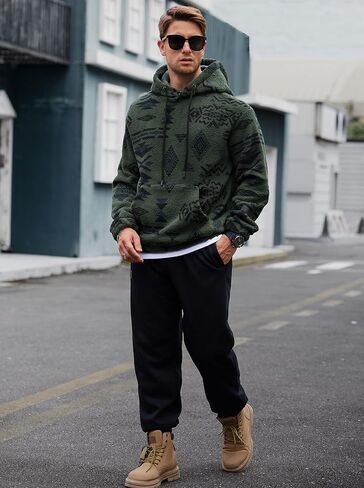 Mens Tribal Aztec Hoodie Sherpa Fluff Allover Print Sweatshirt Long Sleeve Thermal Vintage Graphic Shirt (S-XXL) in Kuwait