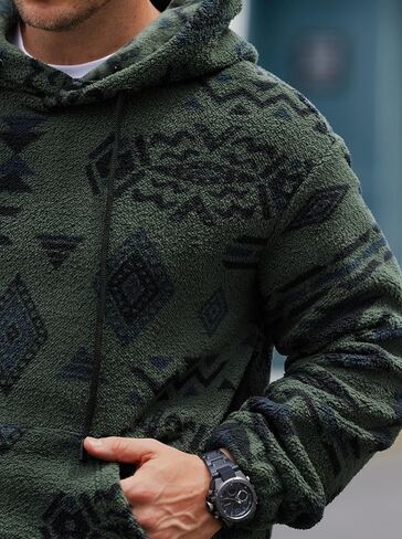 Mens Tribal Aztec Hoodie Sherpa Fluff Allover Print Sweatshirt Long Sleeve Thermal Vintage Graphic Shirt (S-XXL) in Kuwait