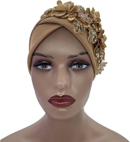 قبعة عمامة نسائية أفريقية فاخرة مزينة بباقات من حجر الراين أغطية رأس مطوية قبعة بونيه إسلامية لامعة (أبيض) in Kuwait