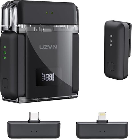 LEVN Wireless Lavalier Microphone, Microphone for iPhone (2 TX + 2 RX + Charging Case), Mini Mic with Noise Cancellation, 20H Battery, 200ft, Wireless Microphone for iPhone 15/14/13/12, Android in Kuwait
