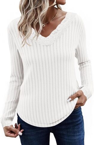 Tankaneo Womens Lace V Neck Tunic Tops Long Sleeve Ribbed Knit Shirts Fall Casual Basic Tees in Saudi Arabia