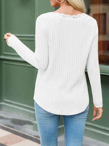 Tankaneo Womens Lace V Neck Tunic Tops Long Sleeve Ribbed Knit Shirts Fall Casual Basic Tees in Saudi Arabia