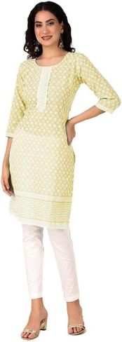 Ladyline 100% قطن Chikankari مطرز تونيك كورتي توب لكناوي رقبة دائرية 3/4 كم كورتا in Saudi Arabia