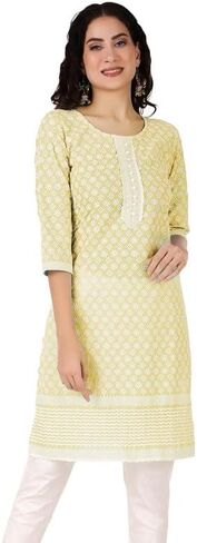 Ladyline 100% قطن Chikankari مطرز تونيك كورتي توب لكناوي رقبة دائرية 3/4 كم كورتا in Saudi Arabia