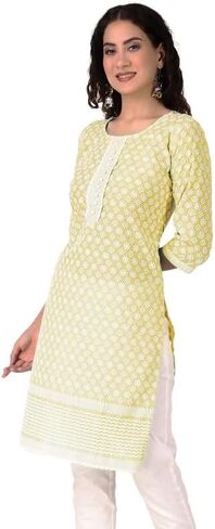Ladyline 100% قطن Chikankari مطرز تونيك كورتي توب لكناوي رقبة دائرية 3/4 كم كورتا in Saudi Arabia